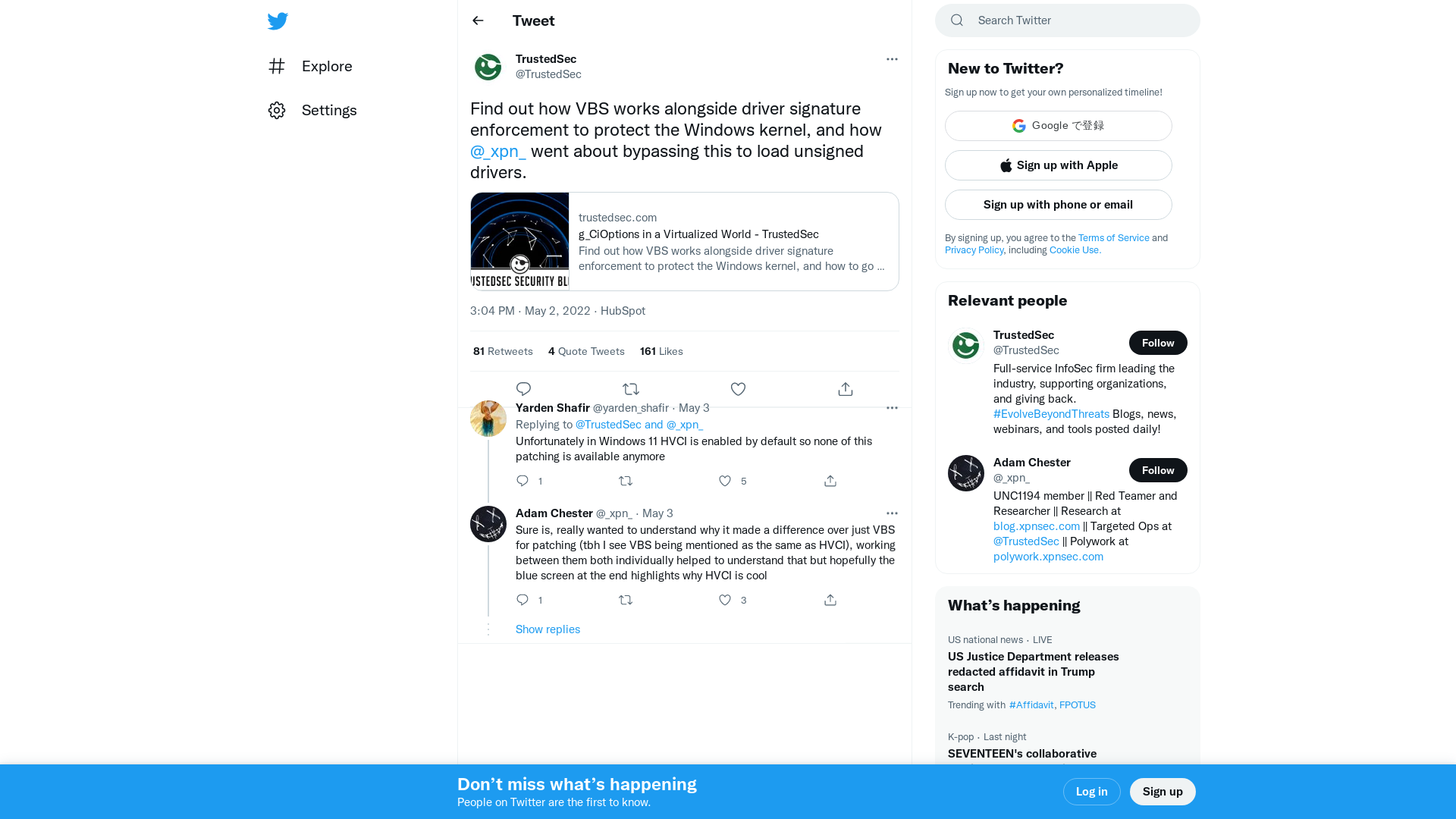 TrustedSec on Twitter: "Find out how VBS works alongside driver signature enforcement to protect the Windows kernel, and how @_xpn_ went about bypassing this to load unsigned drivers. https://t.co/lnkgNGyKpd" / Twitter