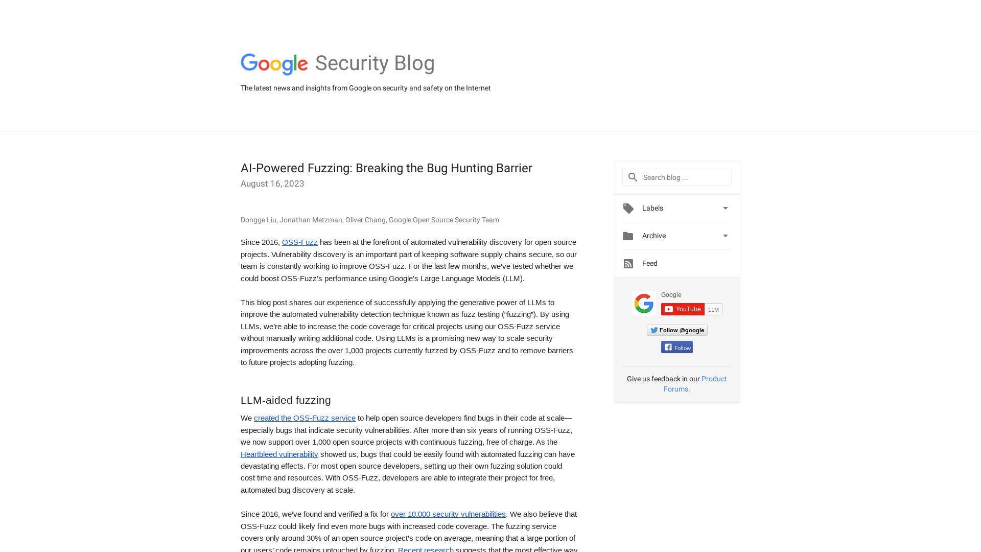 Google Online Security Blog: AI-Powered Fuzzing: Breaking the Bug Hunting Barrier