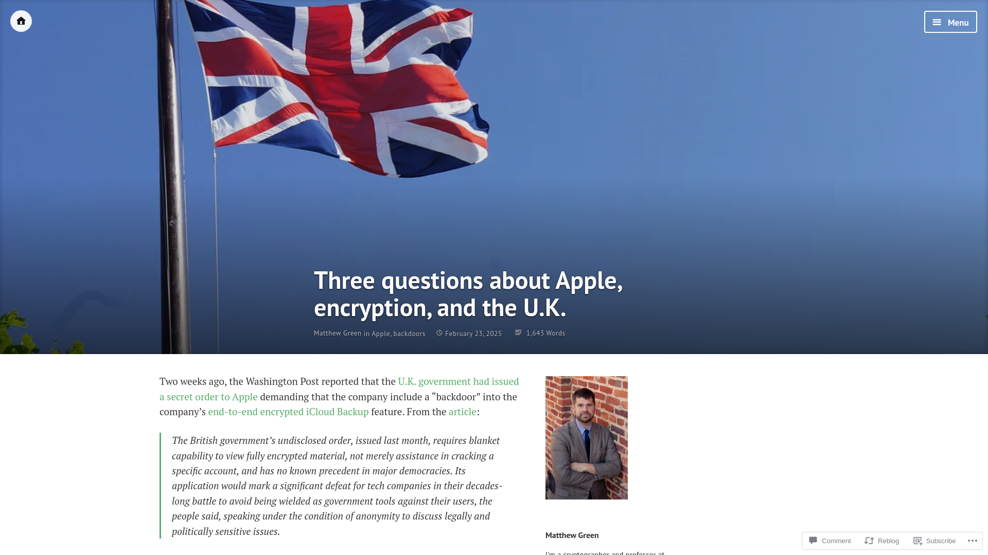 Three questions about Apple, encryption, and the U.K. – A Few Thoughts on Cryptographic Engineering