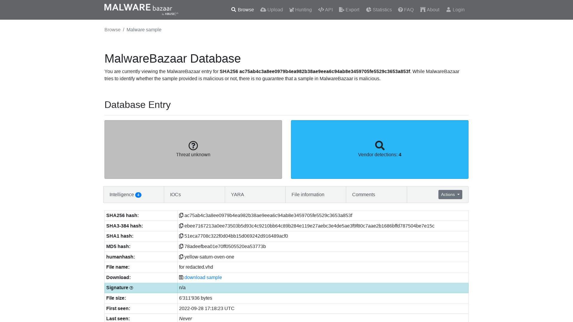 MalwareBazaar | SHA256 ac75ab4c3a8ee0979b4ea982b38ae9eea6c94ab8e3459705fe5529c3653a853f