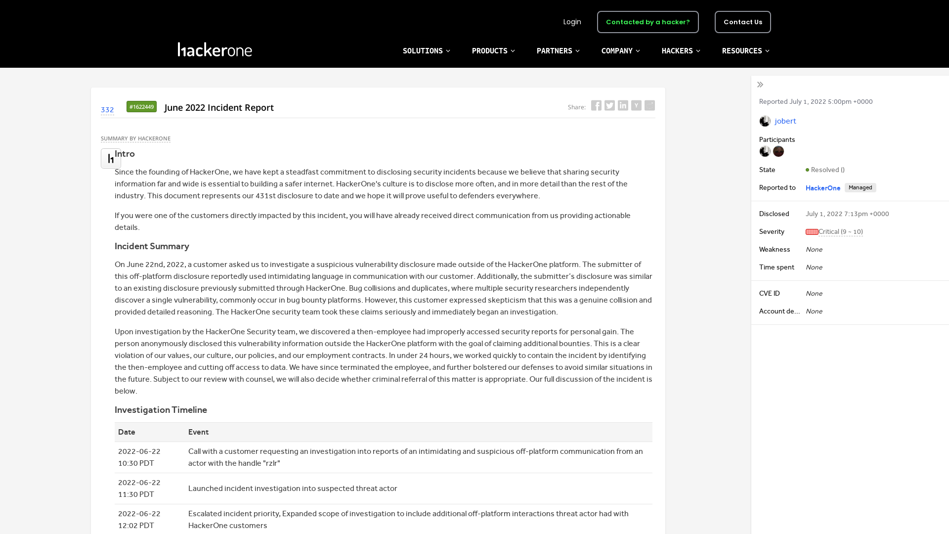 #1622449 June 2022 Incident Report