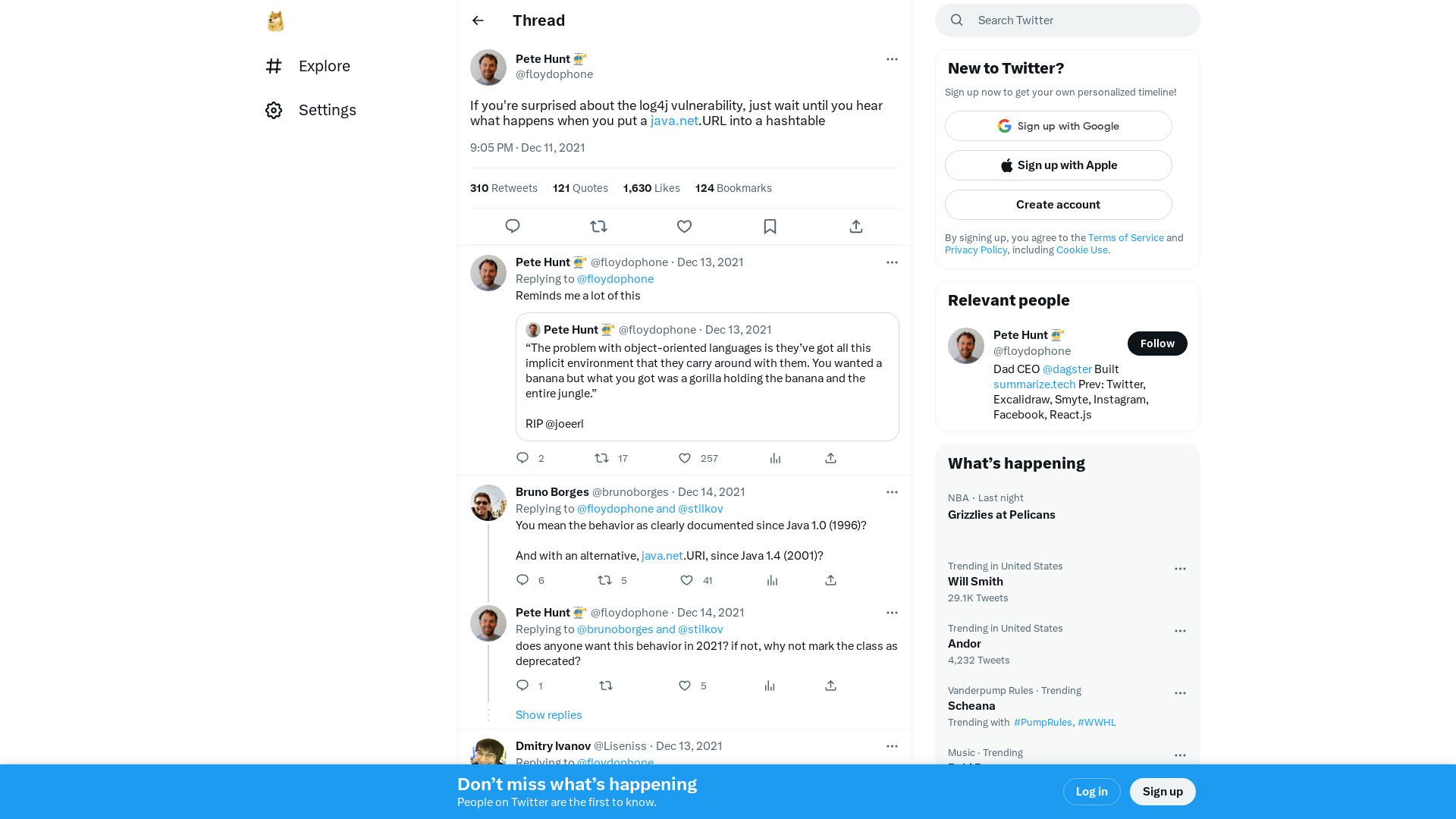 Pete Hunt 🚁 on Twitter: "If you're surprised about the log4j vulnerability, just wait until you hear what happens when you put a https://t.co/RHWvUGoI0c.URL into a hashtable" / Twitter