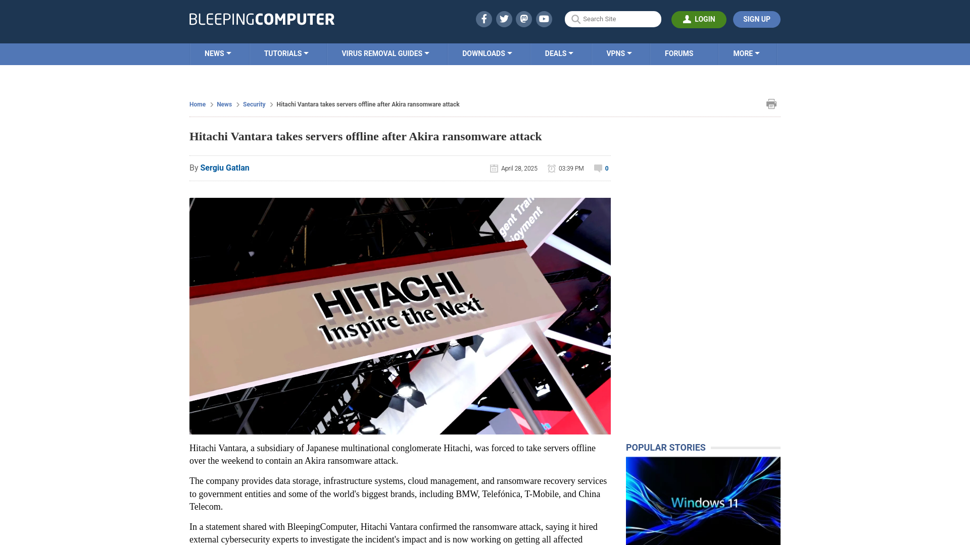 Hitachi Vantara takes servers offline after Akira ransomware attack