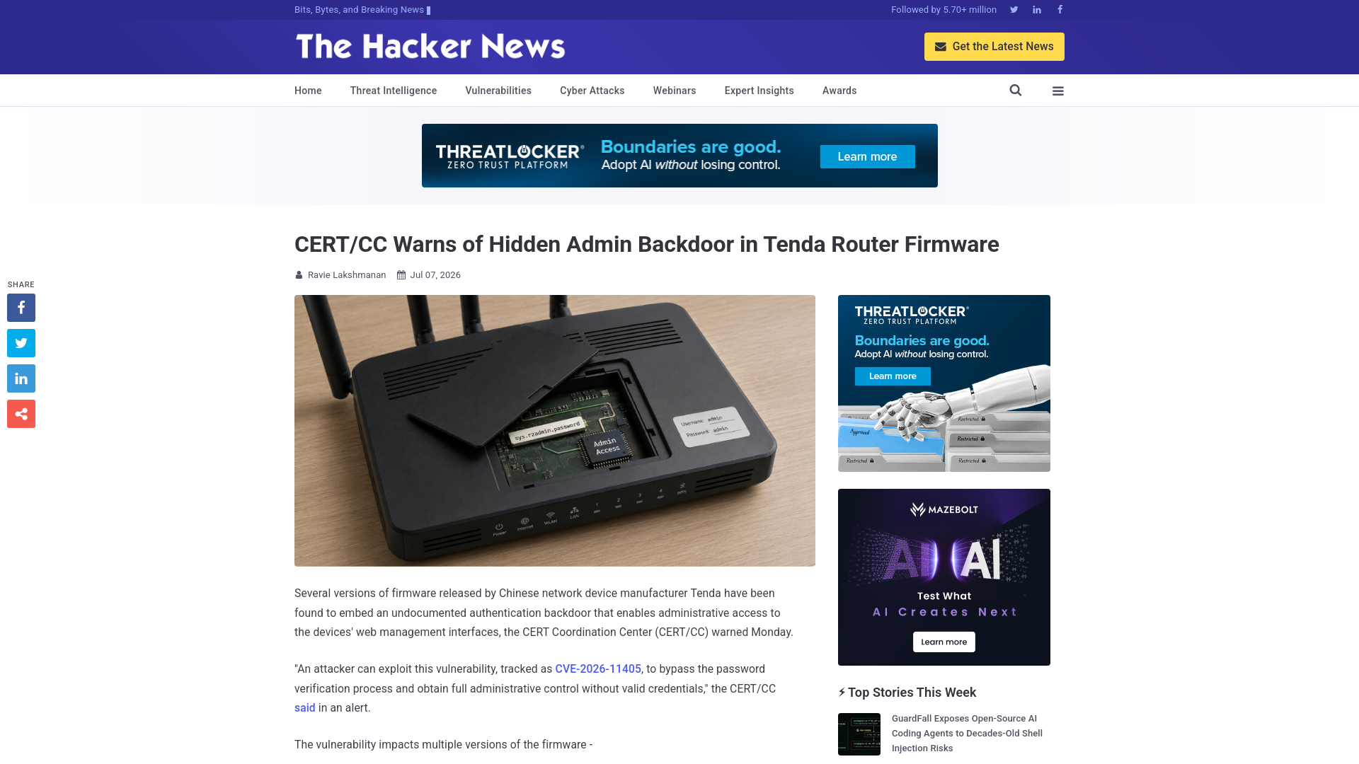 CERT/CC Warns of Hidden Admin Backdoor in Tenda Router Firmware