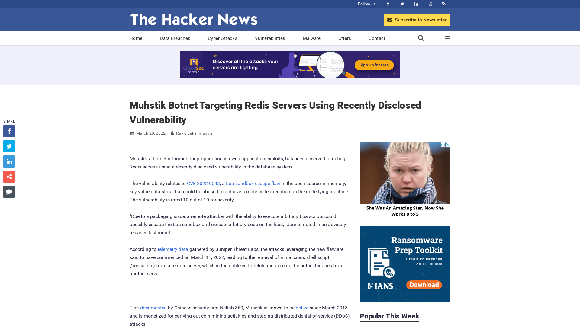 Muhstik Botnet Targeting Redis Servers Using Recently Disclosed Vulnerability