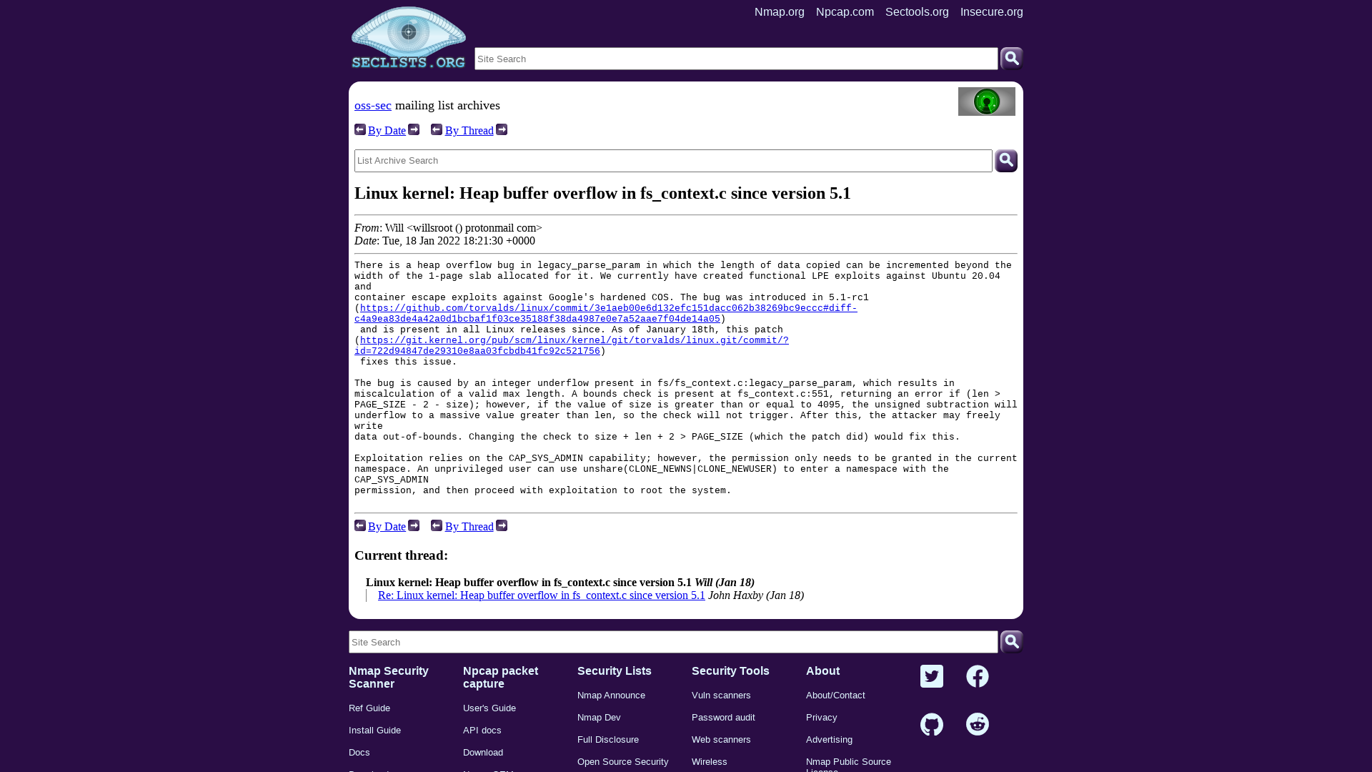 oss-sec: Linux kernel: Heap buffer overflow in fs_context.c since version 5.1