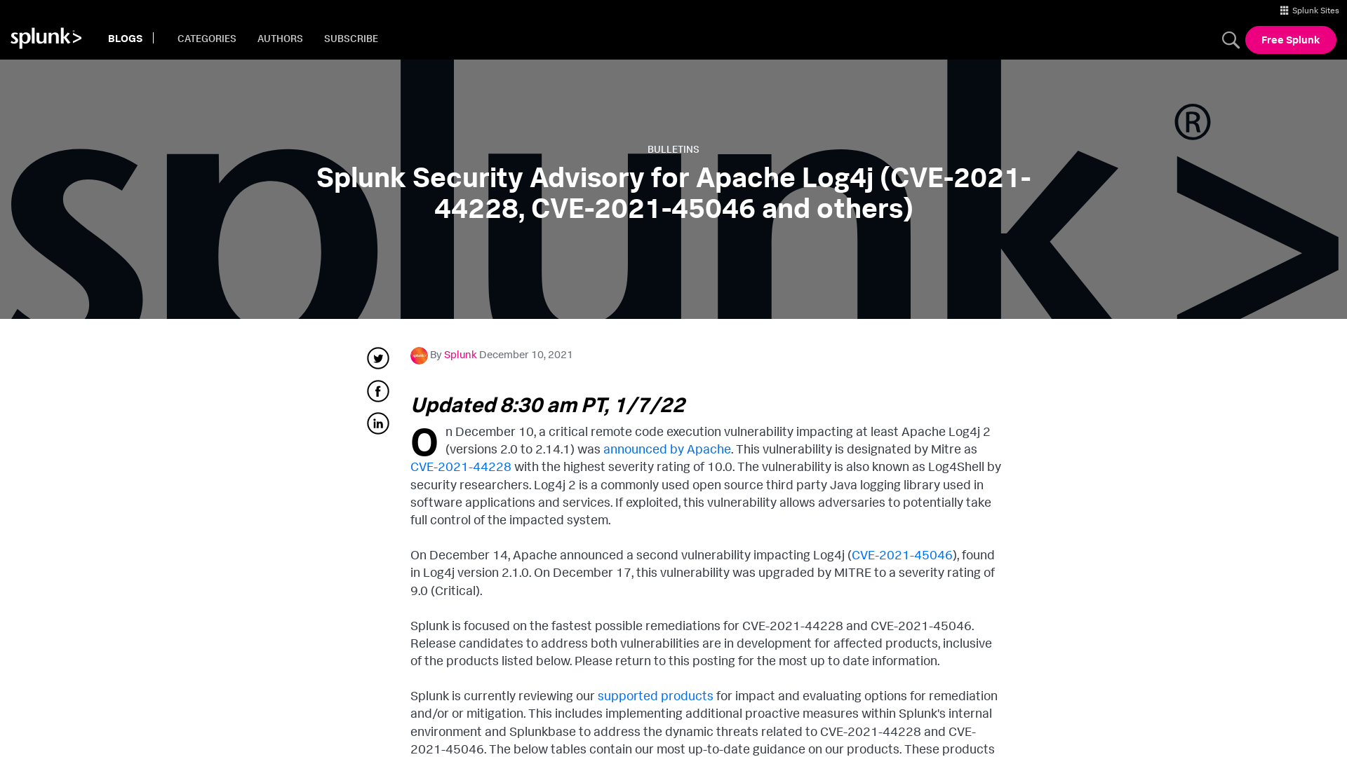 Splunk Security Advisory for Apache Log4j (CVE-2021-44228, CVE-2021-45046 and others) | Splunk