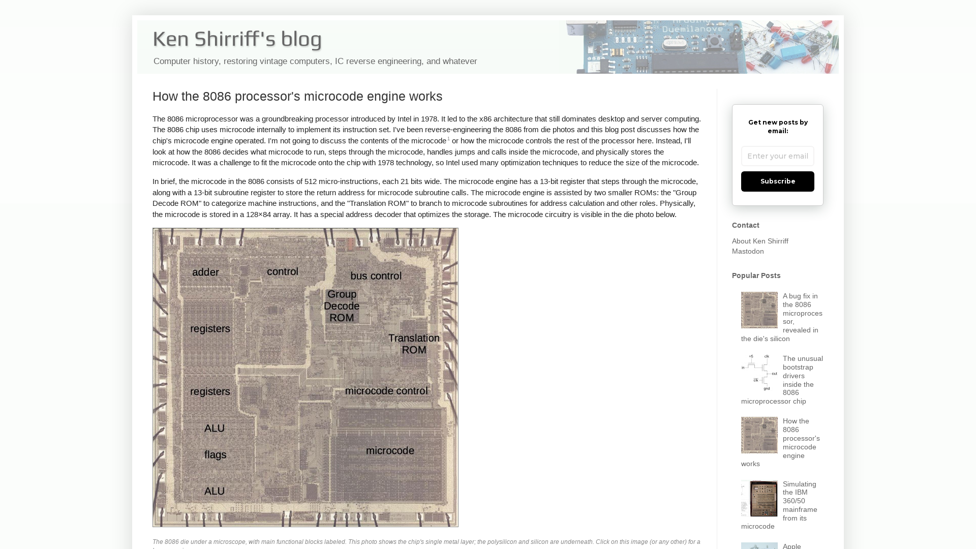 How the 8086 processor's microcode engine works