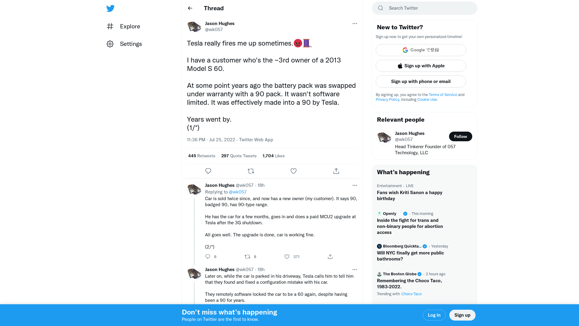 Jason Hughes on Twitter: "Tesla really fires me up sometimes.😡🧵 I have a customer who's the ~3rd owner of a 2013 Model S 60. At some point years ago the battery pack was swapped under warranty with a 90 pack. It wasn't software limited. It was effectively made into a 90 by Tesla. Years went by. (1/*)" / Twitter