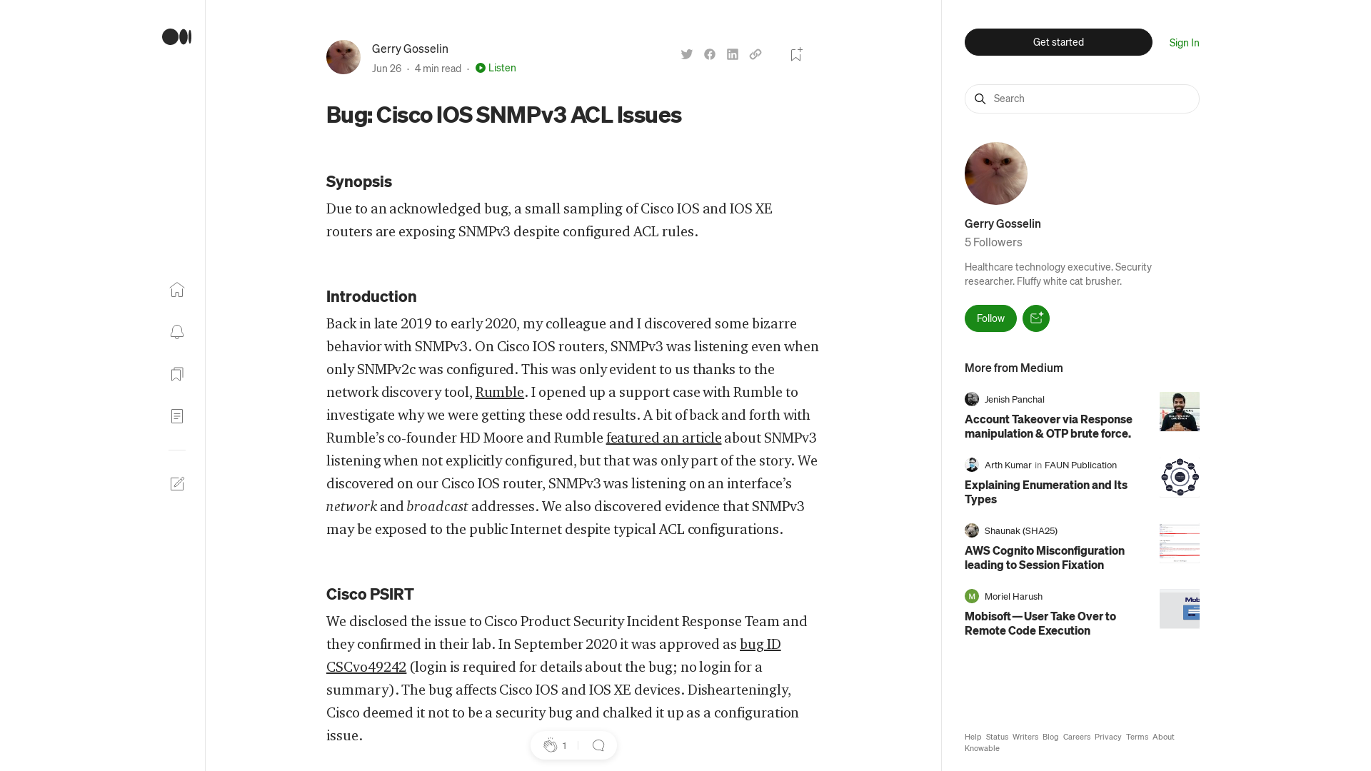 Bug: Cisco IOS SNMPv3 ACL Issues. Due to an acknowledged bug, a small… | by Gerry Gosselin | Jun, 2022 | Medium