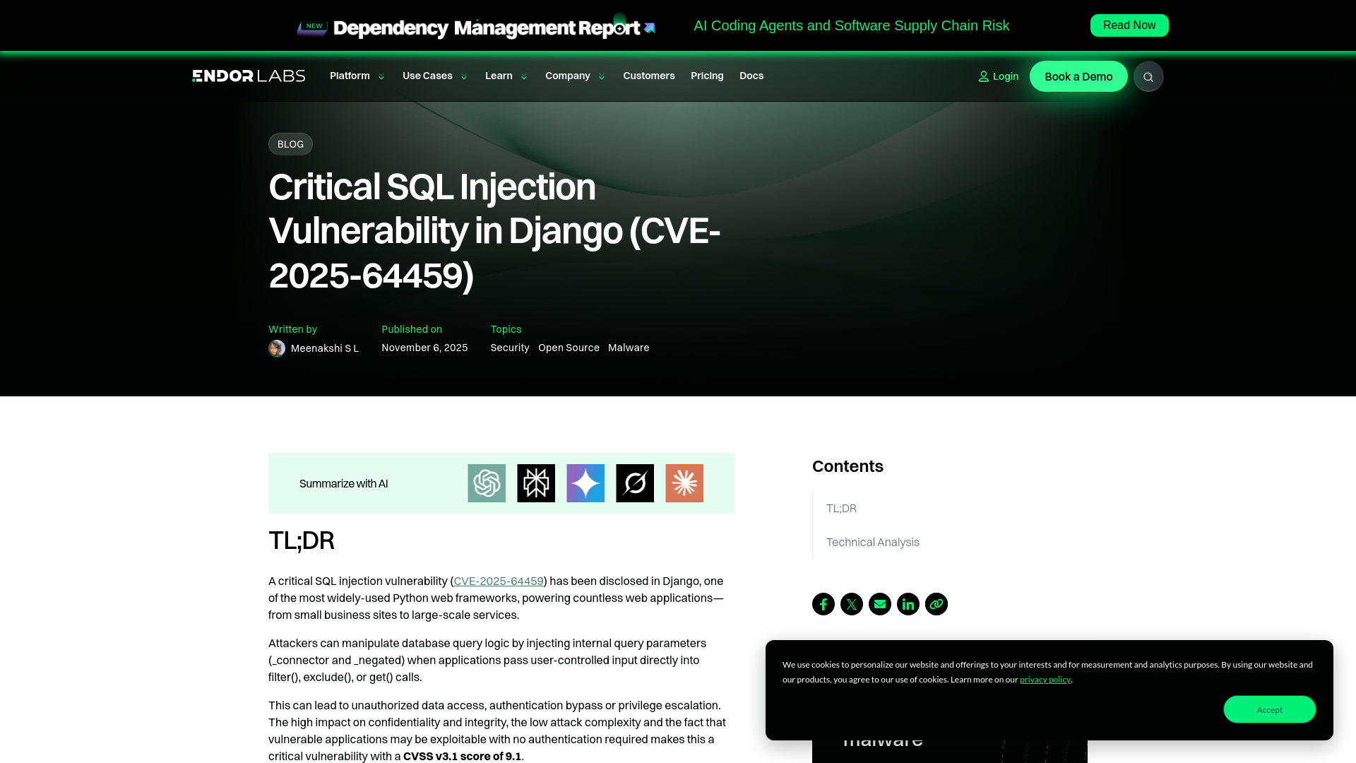 Critical SQL Injection Vulnerability in Django (CVE-2025-64459) | Blog | Endor Labs