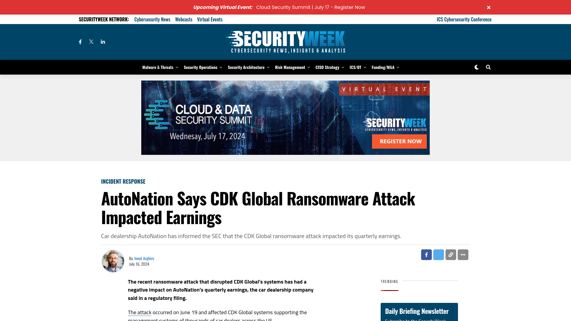 AutoNation Says CDK Global Ransomware Attack Impacted Earnings - SecurityWeek