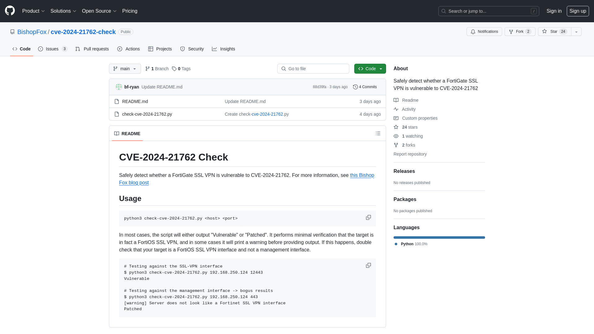 GitHub - BishopFox/cve-2024-21762-check: Safely detect whether a FortiGate SSL VPN is vulnerable to CVE-2024-21762