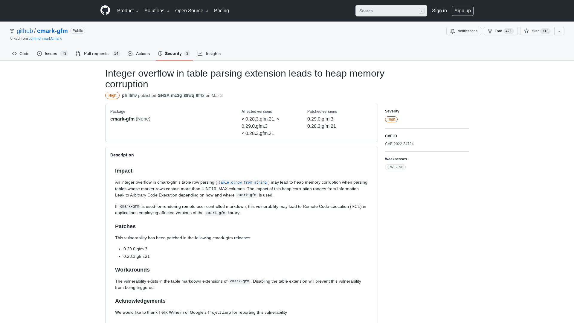 Integer overflow in table parsing extension leads to heap memory corruption · Advisory · github/cmark-gfm · GitHub