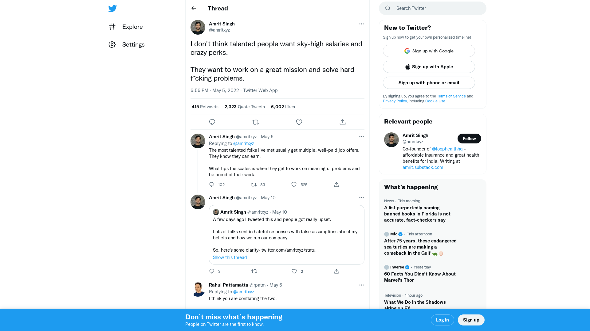 Amrit Singh on Twitter: "I don't think talented people want sky-high salaries and crazy perks. They want to work on a great mission and solve hard f*cking problems." / Twitter