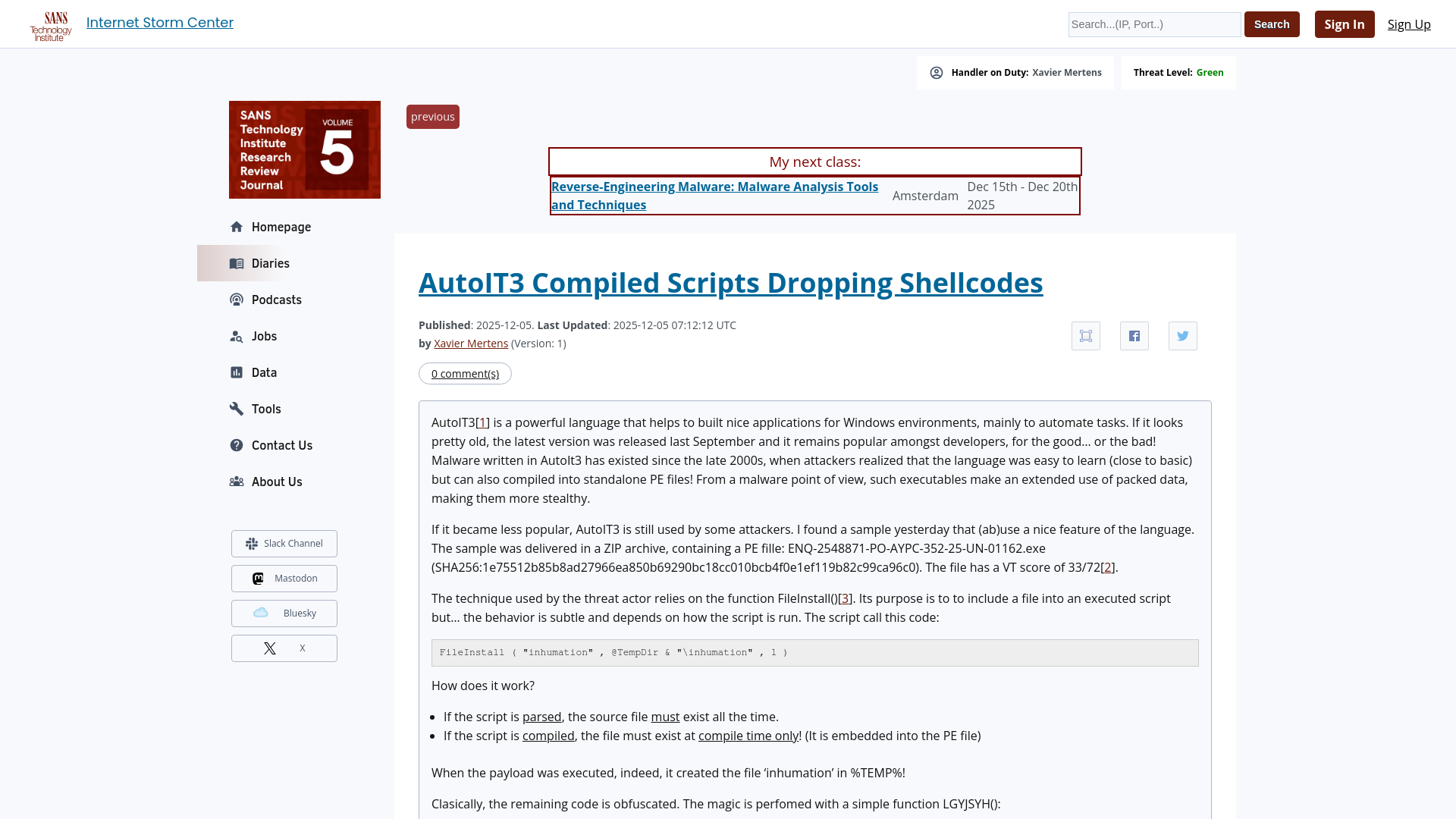 AutoIT3 Compiled Scripts Dropping Shellcodes - SANS ISC