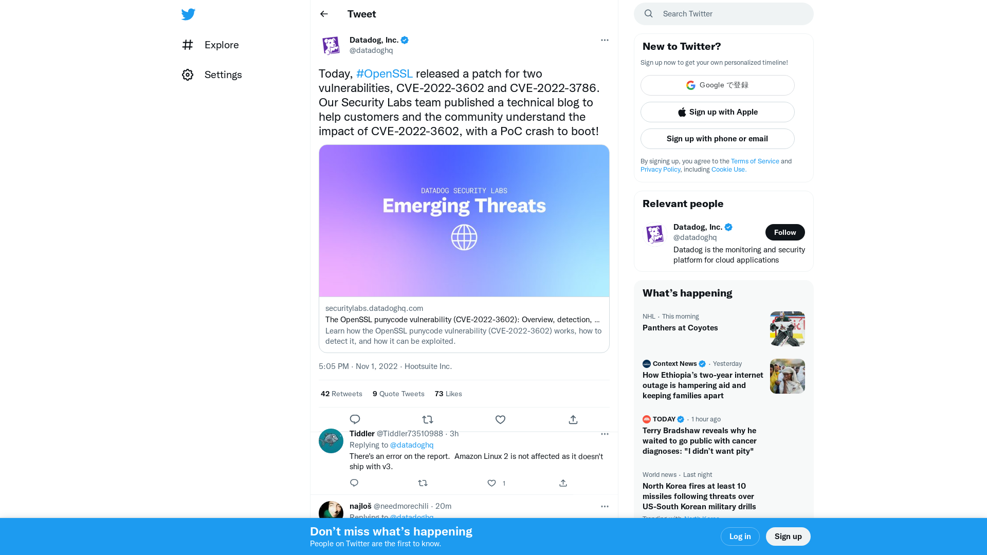 Datadog, Inc. on Twitter: "Today, #OpenSSL released a patch for two vulnerabilities, CVE-2022-3602 and CVE-2022-3786. Our Security Labs team published a technical blog to help customers and the community understand the impact of CVE-2022-3602, with a PoC crash to boot! https://t.co/kC8X2zwwTe" / Twitter