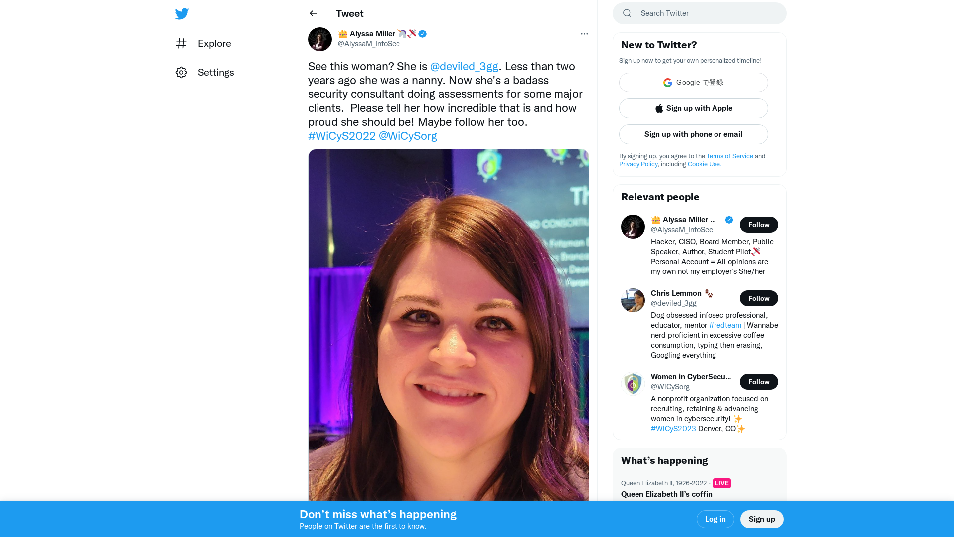 👑 Alyssa Miller 🦄🛩️ on Twitter: "See this woman? She is @deviled_3gg. Less than two years ago she was a nanny. Now she's a badass security consultant doing assessments for some major clients. Please tell her how incredible that is and how proud she should be! Maybe follow her too. #WiCyS2022 @WiCySorg https://t.co/HU8aYN9RLN" / Twitter