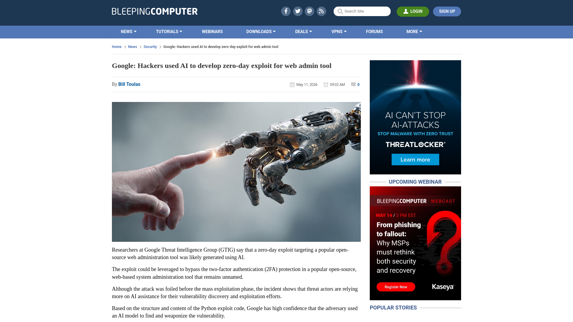 Google: Hackers used AI to develop zero-day exploit for web admin tool