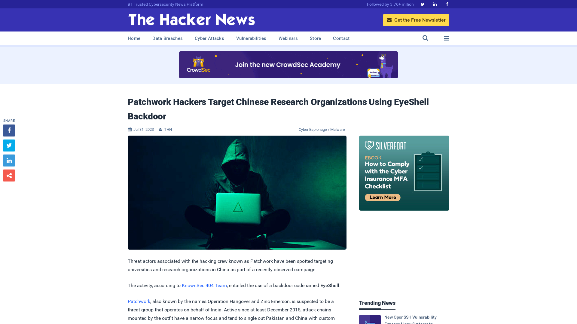 Patchwork Hackers Target Chinese Research Organizations Using EyeShell Backdoor