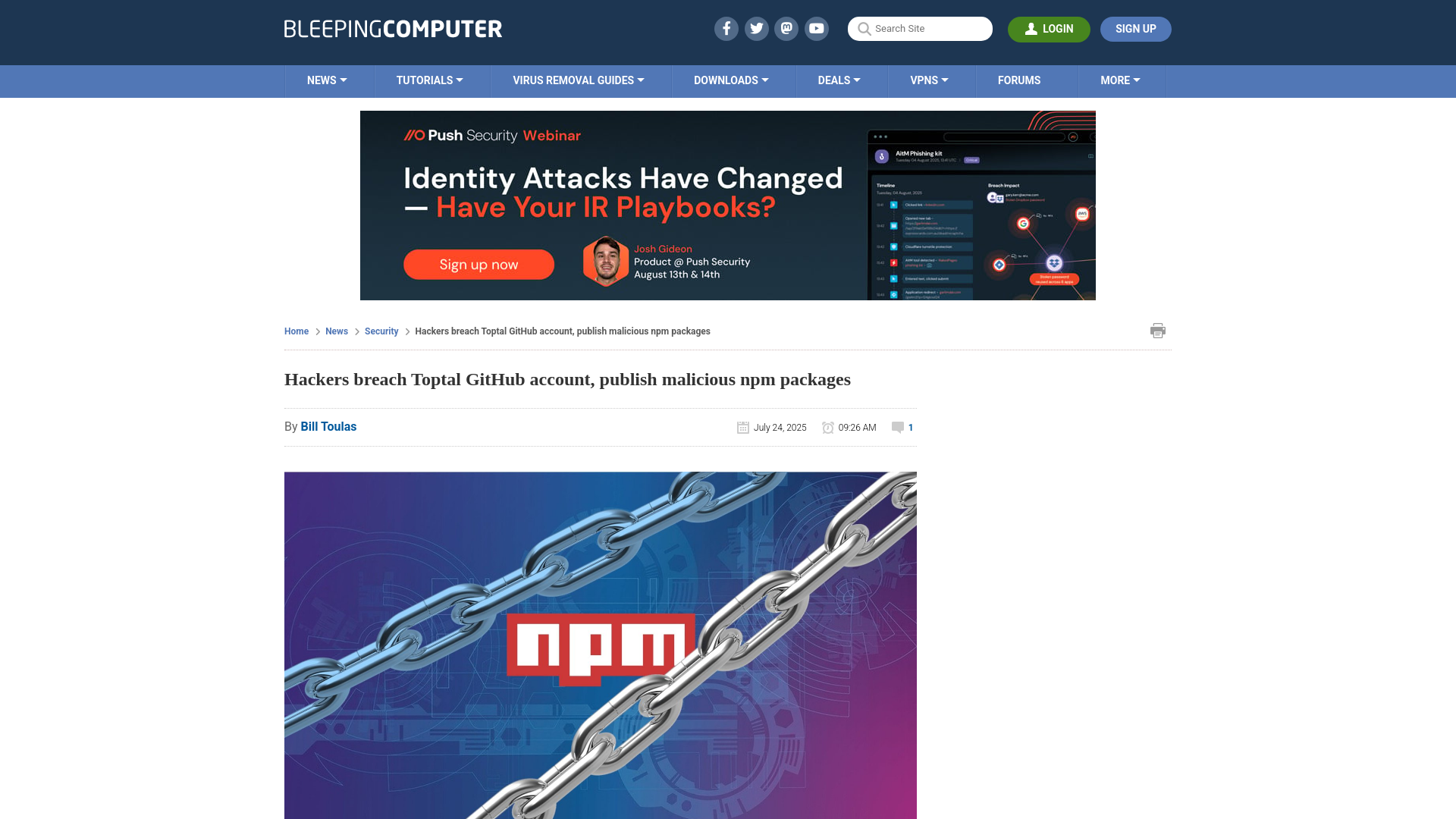 Hackers breach Toptal GitHub account, publish malicious npm packages