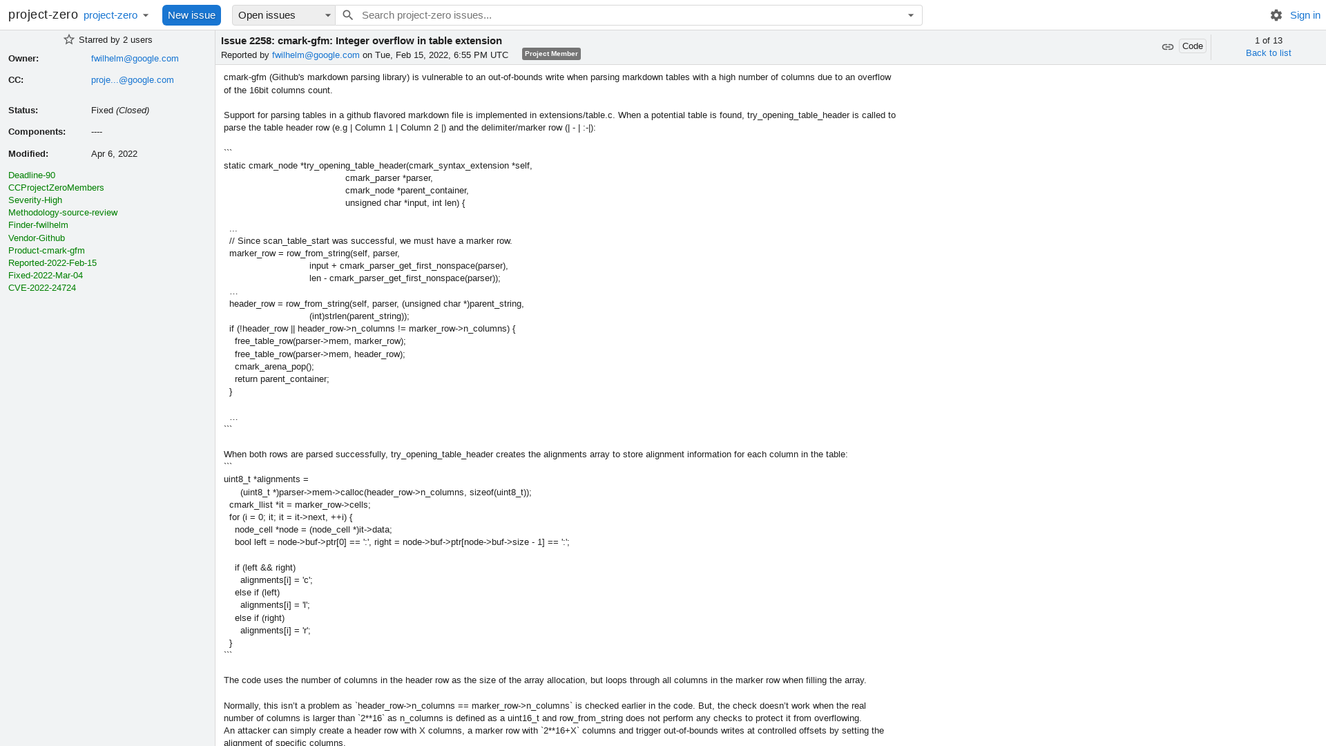 2258 - cmark-gfm: Integer overflow in table extension - project-zero