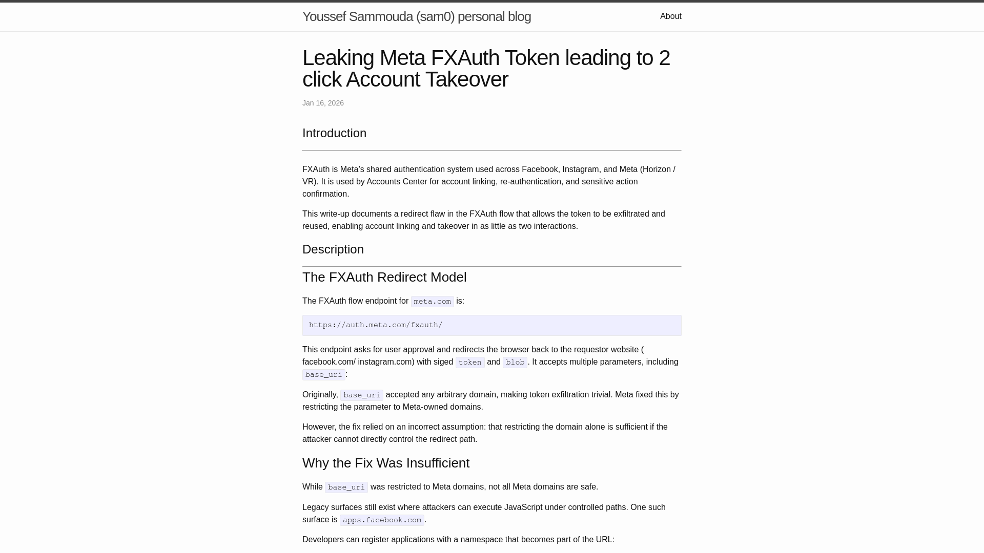 Leaking Meta FXAuth Token leading to 2 click Account Takeover | Youssef Sammouda (sam0) personal blog