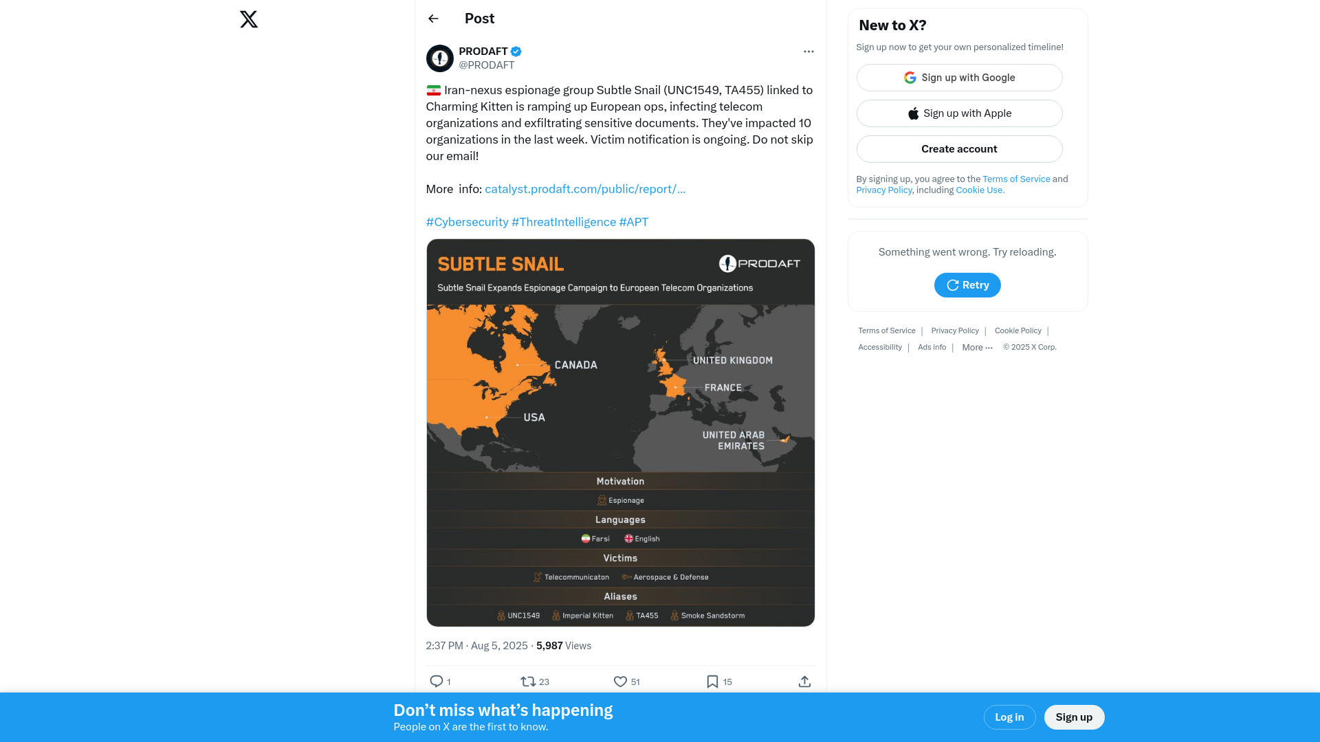 PRODAFT on X: "🇮🇷 Iran-nexus espionage group Subtle Snail (UNC1549, TA455) linked to Charming Kitten is ramping up European ops, infecting telecom organizations and exfiltrating sensitive documents. They've impacted 10 organizations in the last week. Victim notification is ongoing. Do not skip https://t.co/DIIG6qW5cI" / X