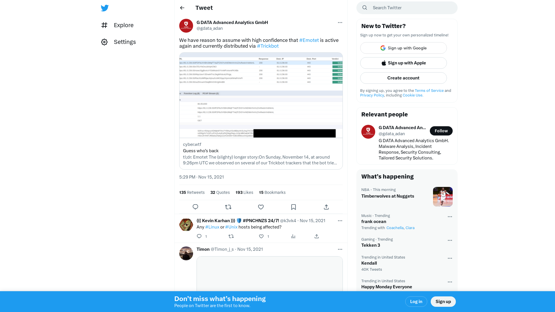G DATA Advanced Analytics GmbH on Twitter: "We have reason to assume with high confidence that #Emotet is active again and currently distributed via #Trickbot https://t.co/2jjRyoCmcI" / Twitter