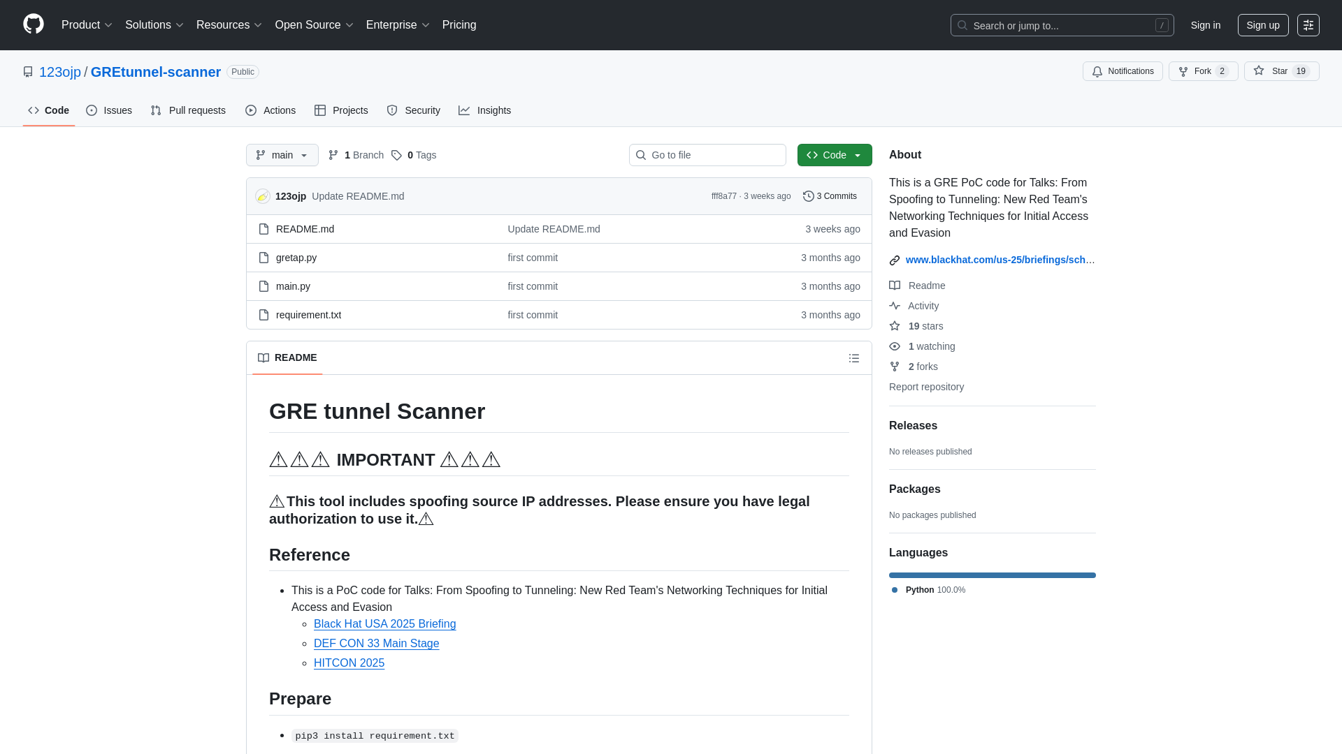 GitHub - 123ojp/GREtunnel-scanner: This is a GRE PoC code for Talks: From Spoofing to Tunneling: New Red Team's Networking Techniques for Initial Access and Evasion