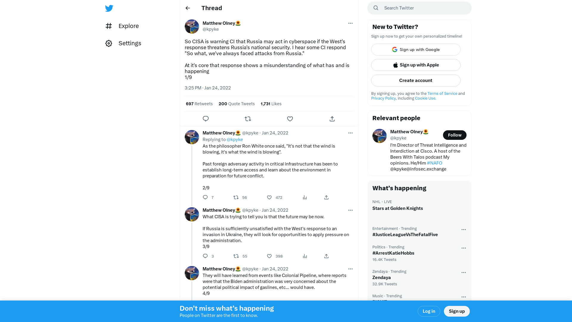 Matthew Olney🌻 on Twitter: "So CISA is warning CI that Russia may act in cyberspace if the West's response threatens Russia's national security. I hear some CI respond "So what, we've always faced attacks from Russia." At it's core that response shows a misunderstanding of what has and is happening 1/9" / Twitter