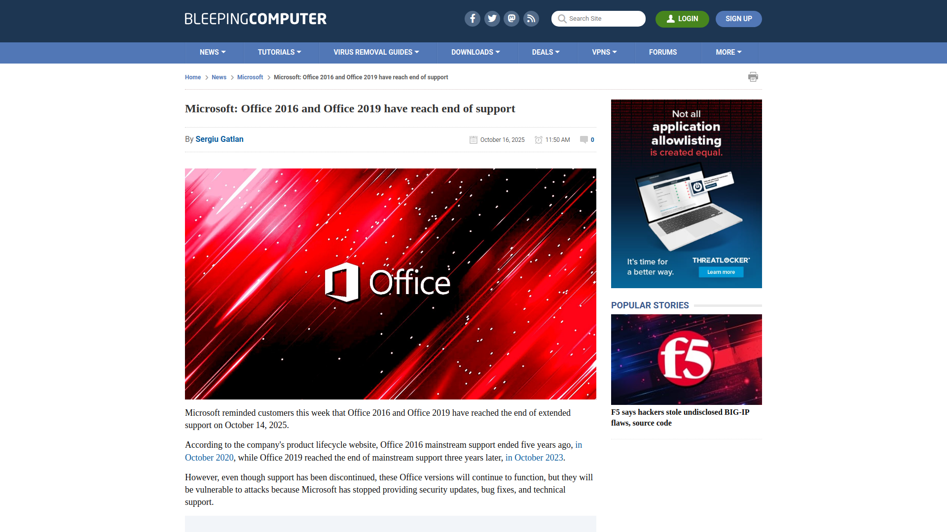 Microsoft: Office 2016 and Office 2019 have reach end of support