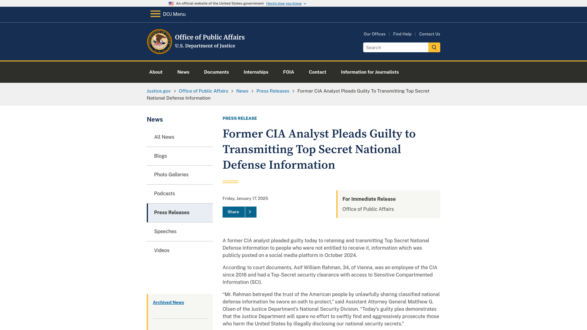 Office of Public Affairs | Former CIA Analyst Pleads Guilty to Transmitting Top Secret National Defense Information | United States Department of Justice