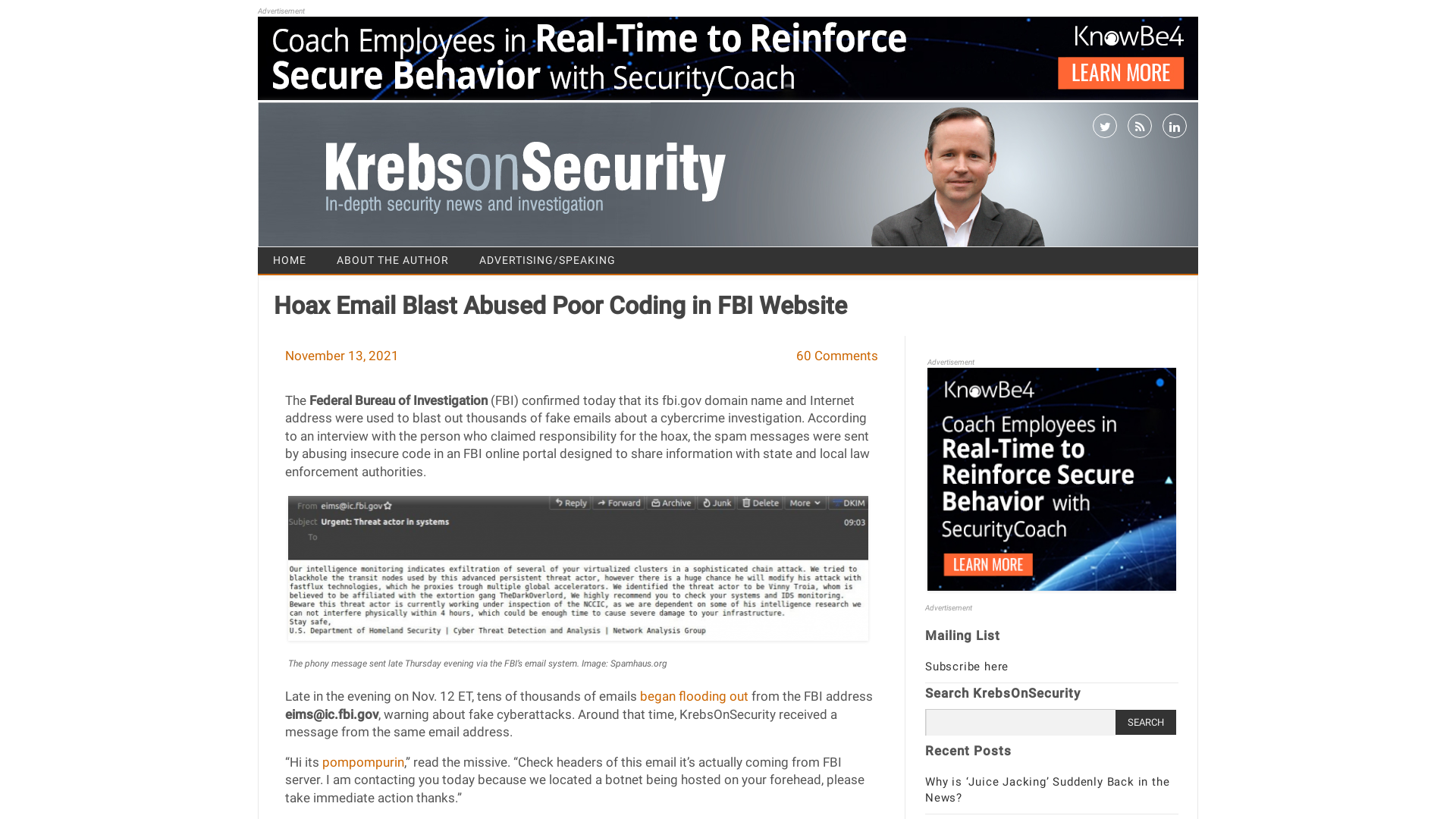 Hoax Email Blast Abused Poor Coding in FBI Website – Krebs on Security
