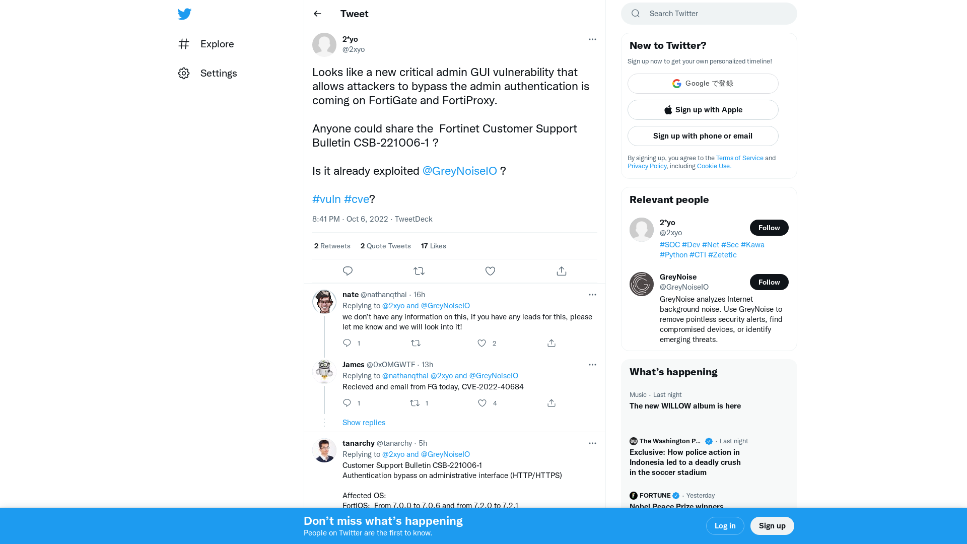 2*yo on Twitter: "Looks like a new critical admin GUI vulnerability that allows attackers to bypass the admin authentication is coming on FortiGate and FortiProxy. Anyone could share the Fortinet Customer Support Bulletin CSB-221006-1 ? Is it already exploited @GreyNoiseIO ? #vuln #cve?" / Twitter