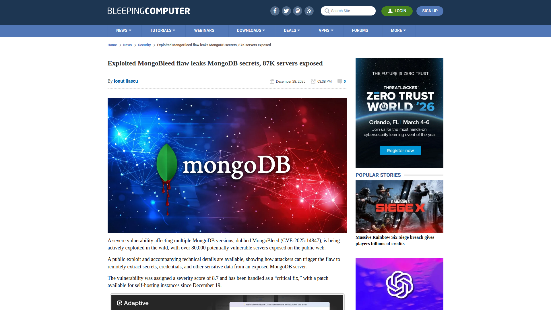 Exploited MongoBleed flaw leaks MongoDB secrets, 87K servers exposed