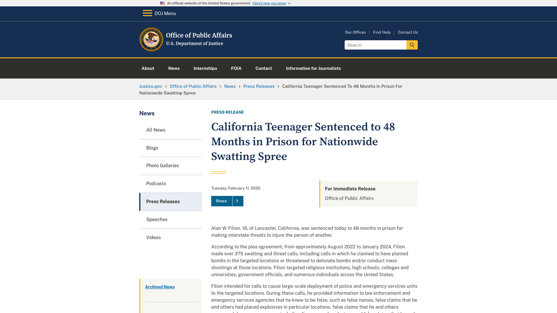 Office of Public Affairs | California Teenager Sentenced to 48 Months in Prison for Nationwide Swatting Spree | United States Department of Justice