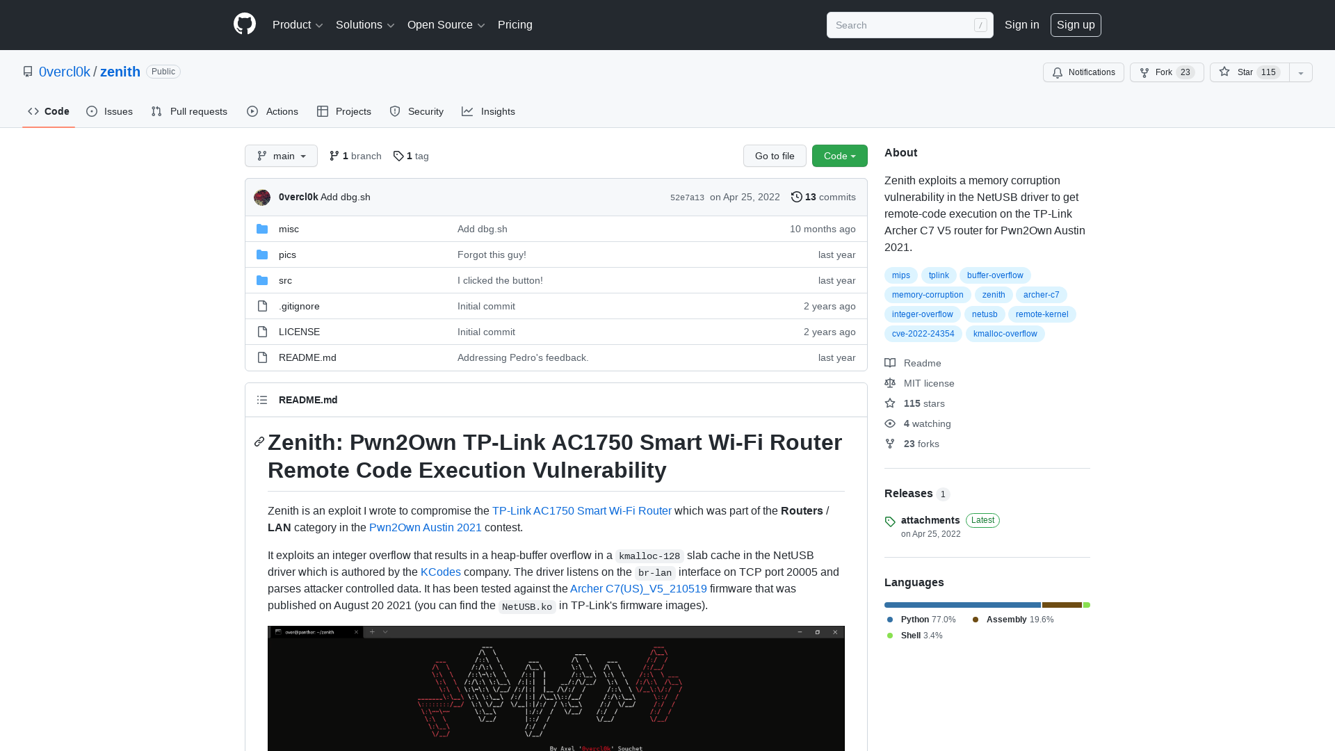 GitHub - 0vercl0k/zenith: Zenith exploits a memory corruption vulnerability in the NetUSB driver to get remote-code execution on the TP-Link Archer C7 V5 router for Pwn2Own Austin 2021.