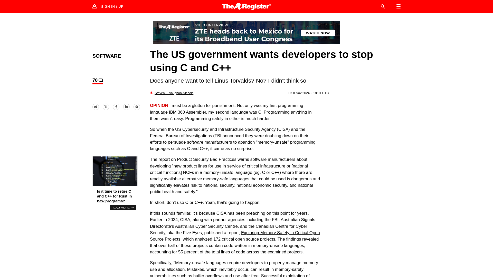 The US government wants devs to stop using C and C++ • The Register