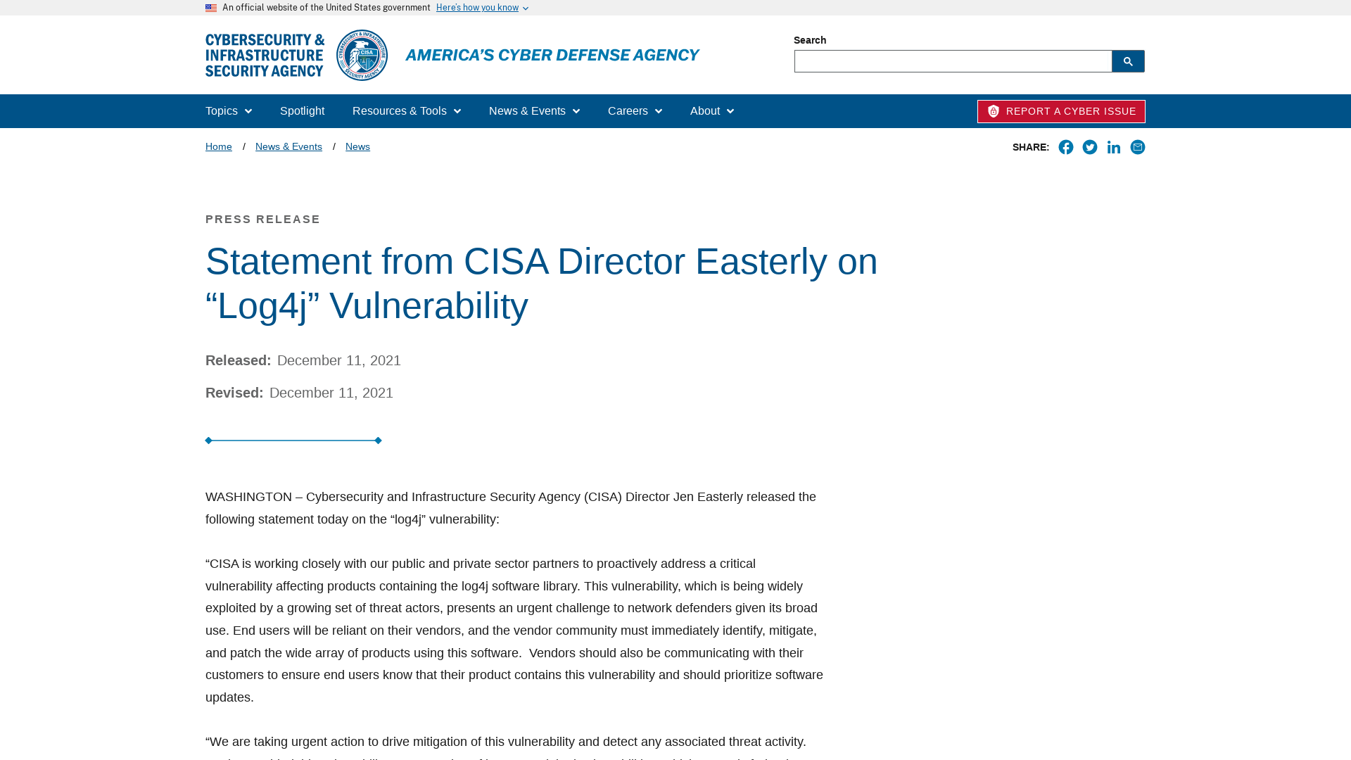 Statement from CISA Director Easterly on “Log4j” Vulnerability | CISA