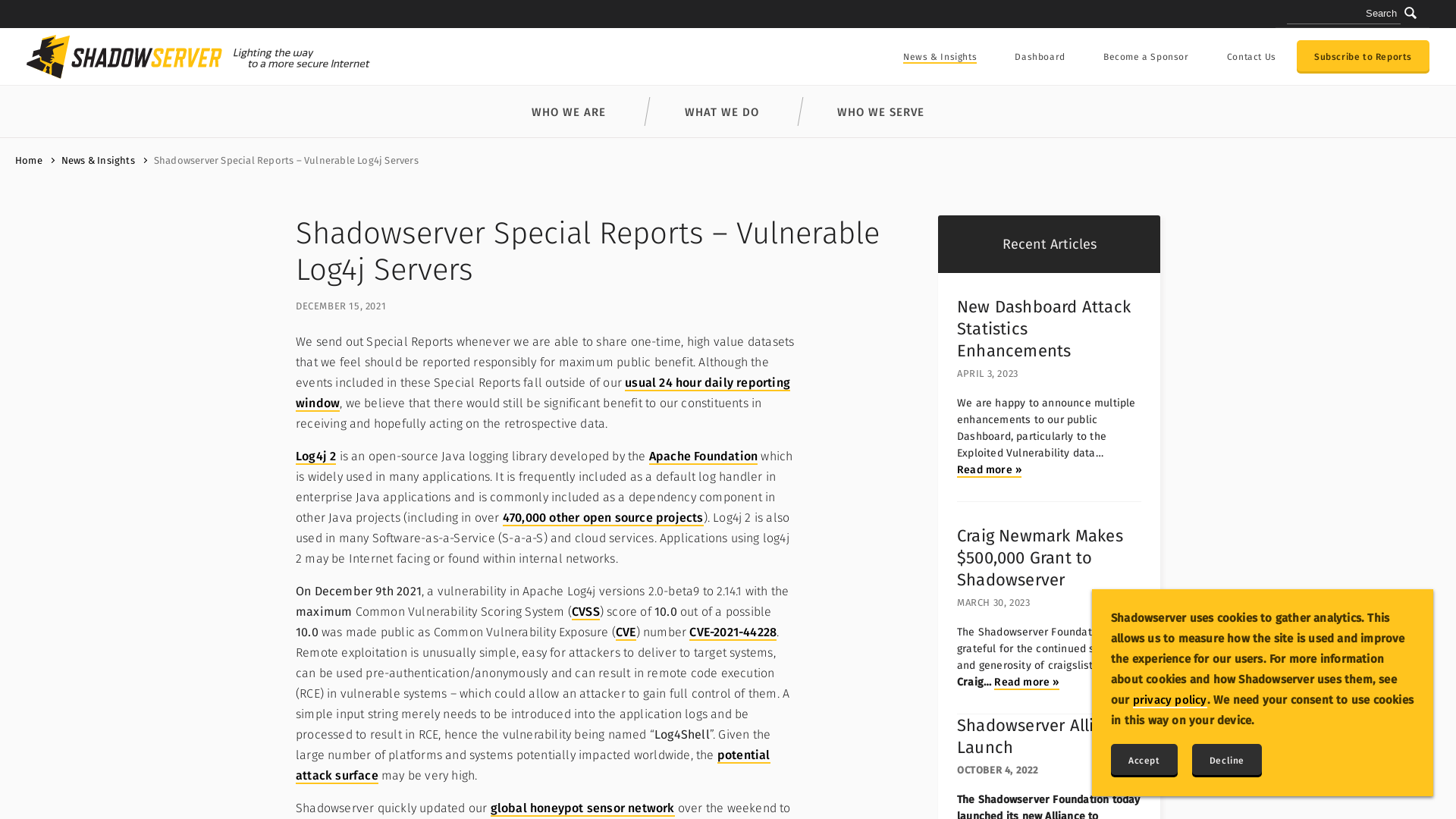 Shadowserver Special Reports – Vulnerable Log4j Servers | The Shadowserver Foundation