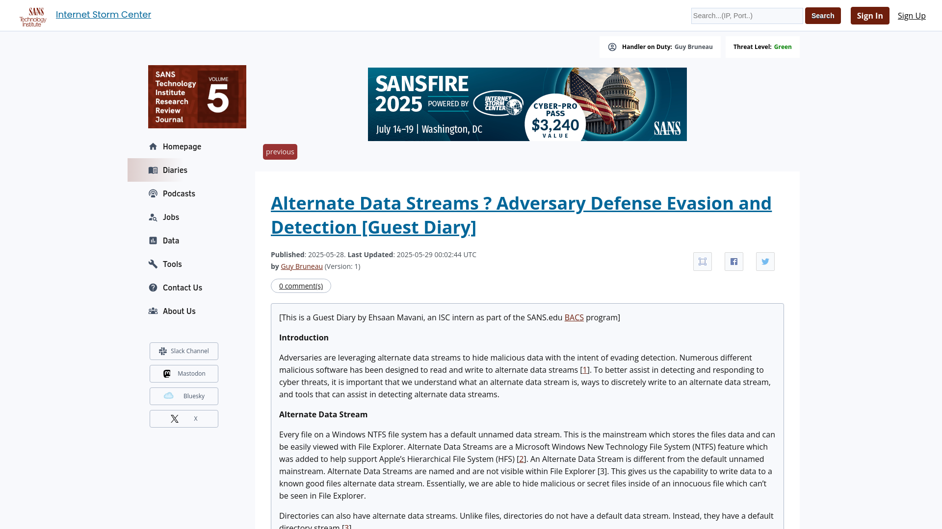 Alternate Data Streams ? Adversary Defense Evasion and Detection [Guest Diary] - SANS Internet Storm Center