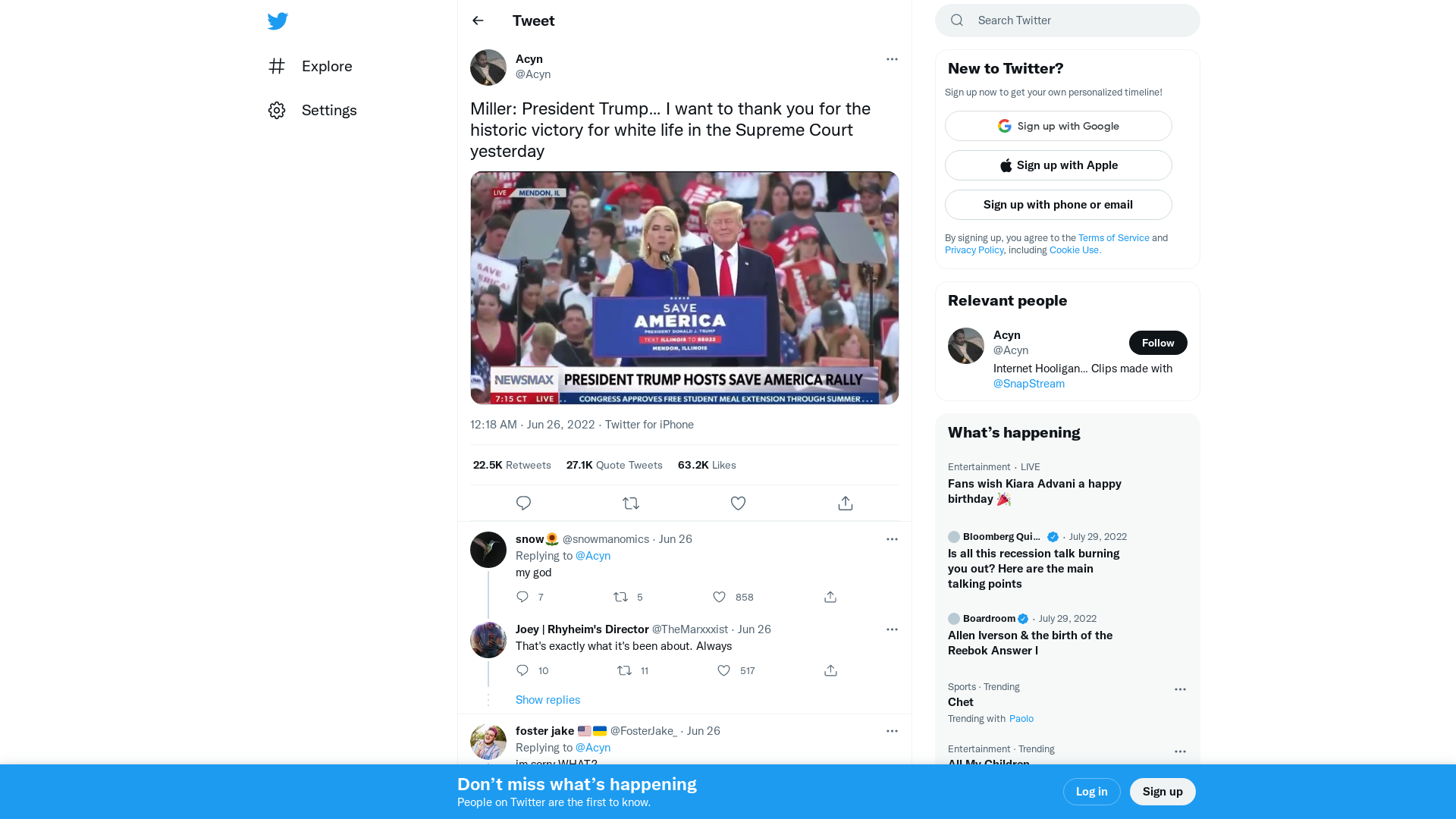 Acyn on Twitter: "Miller: President Trump… I want to thank you for the historic victory for white life in the Supreme Court yesterday https://t.co/RqxmbT8jx5" / Twitter