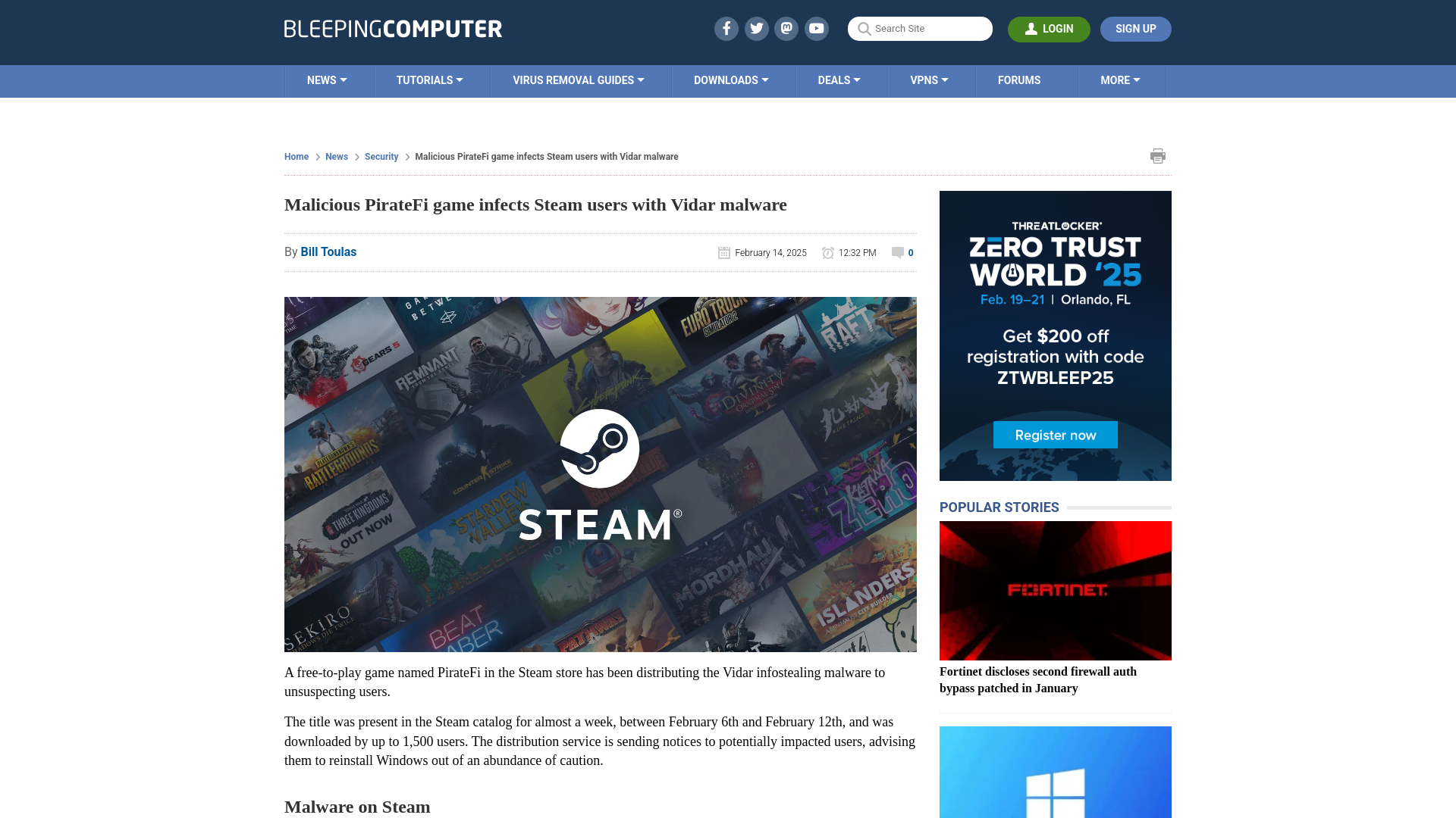 Malicious PirateFi game infects Steam users with Vidar malware