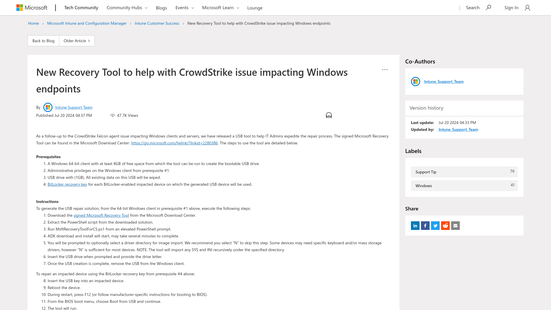 New Recovery Tool to help with CrowdStrike issue impacting Windows endpoints - Microsoft Community Hub