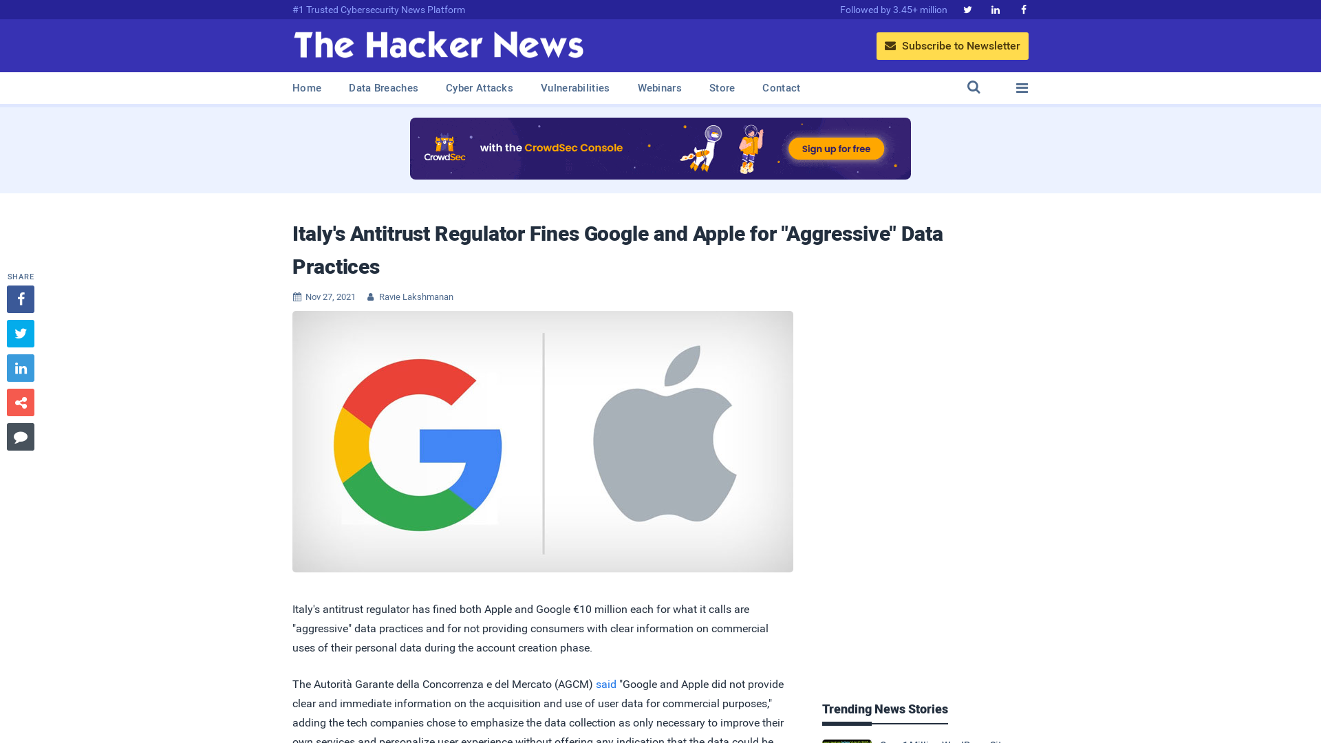 Italy's Antitrust Regulator Fines Google and Apple for "Aggressive" Data Practices