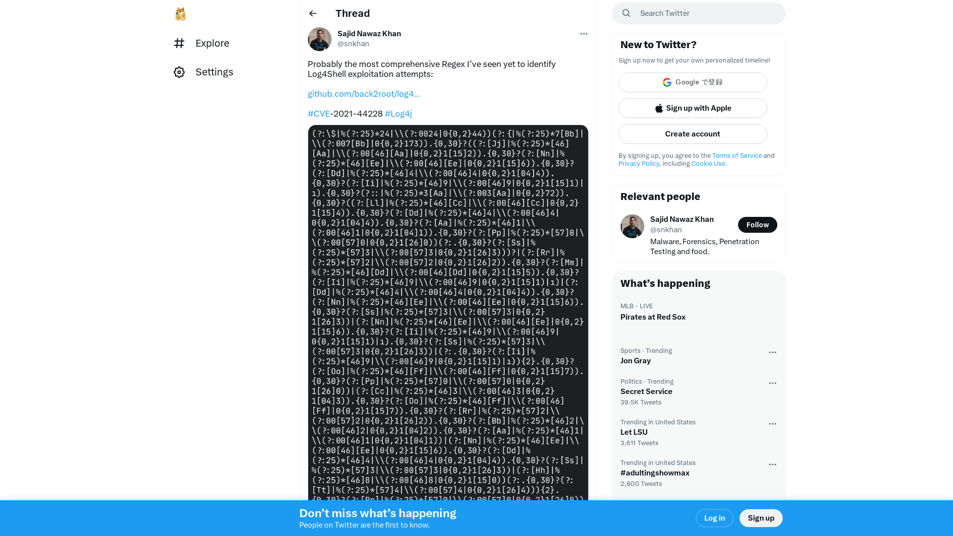 Sajid Nawaz Khan on Twitter: "Probably the most comprehensive Regex I’ve seen yet to identify Log4Shell exploitation attempts: https://t.co/20hsfXILGA #CVE-2021-44228 #Log4j https://t.co/zF0FgtzbMU" / Twitter
