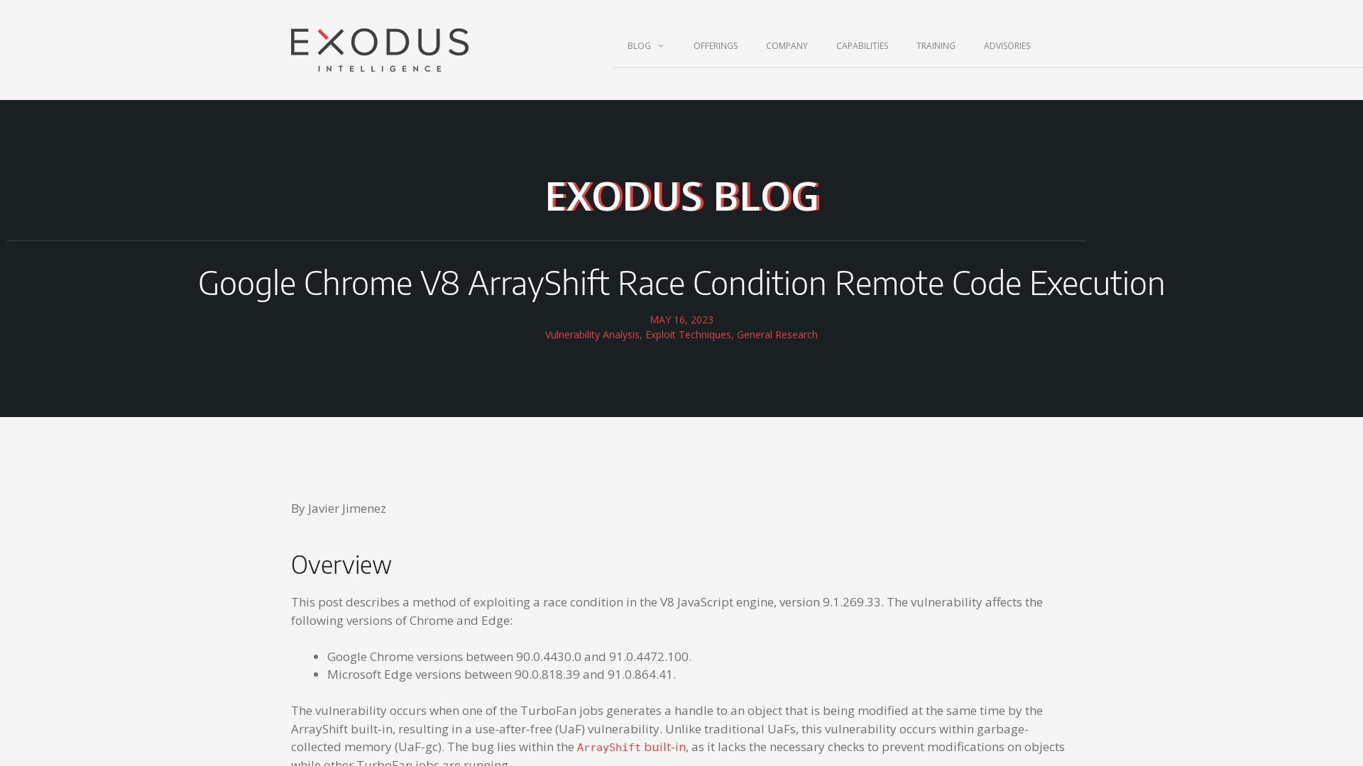 Google Chrome V8 ArrayShift Race Condition Remote Code Execution - Exodus Intelligence